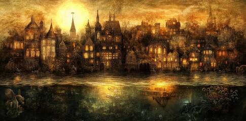 Obraz premium A dreamy cityscape reflecting in the water beneath a bright sky
