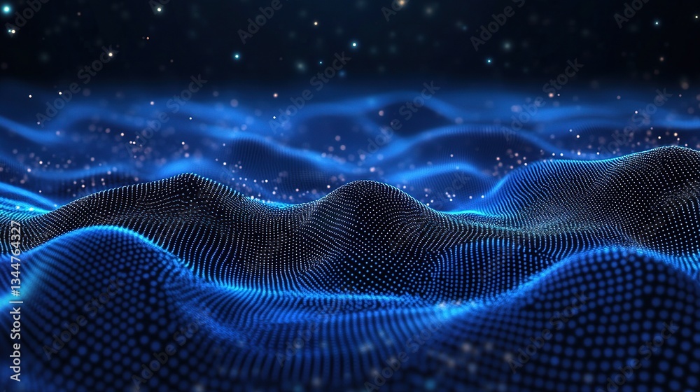 Poster dark blue 3d abstract wave pattern with floating elements