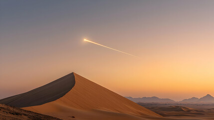 Desert Dune Silhouette With Sunset Sky And Meteor Trail Across Golden Horizon