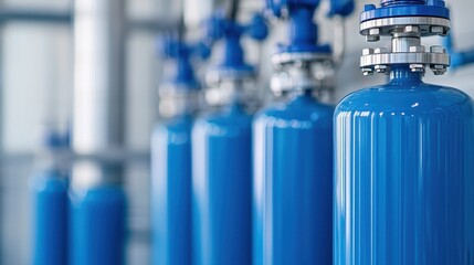 A series of blue gas cylinders lined up, featuring metallic valves, set against a modern industrial background.