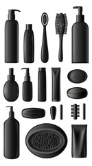 Obraz premium Stylish Black Cosmetic Containers and Tools on White Background