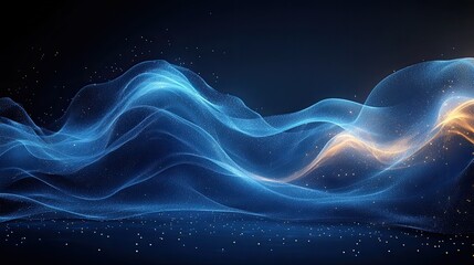 Obraz premium Abstract blue and gold waves digital art, dark background, particles, website header