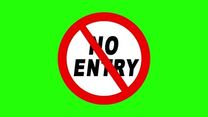 No entry warning sign with red circle and text on green background animation.
