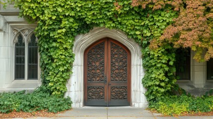 Ornate Wooden Doorway Covered in Lush Green and Autumn Ivy