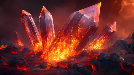 Fiery crystal shard embedded in volcanic rocks. Lava Crystal. Illustration
