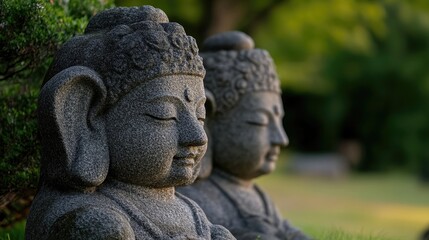 Peaceful stone Buddha statues in serene garden setting