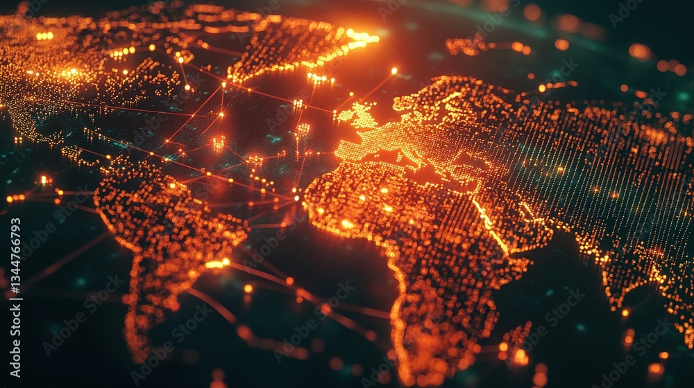 Poster glowing digital world map with connecting lines and data points