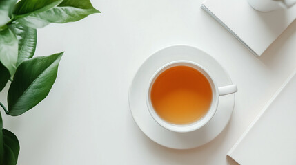 Minimalist office setup with a white desk, simple accessories, and calming tea, white cup with green tea leaves, top view. 