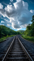 Fototapeta premium Embarking on a Serene Journey: A Scenic, Curving Railway Track Amidst Lush Greenery