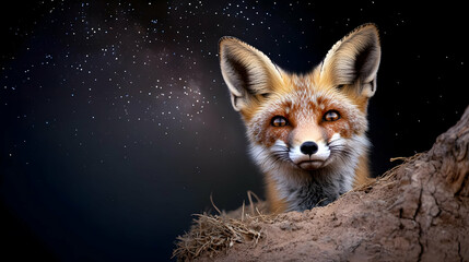 Obraz premium Red Fox Portrait At Night Under Starry Sky