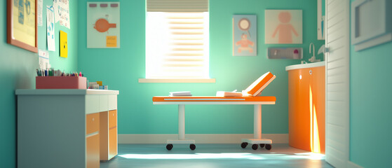 Bright and clean pediatric office with a small exam table, a bandage box, and a syringe tray-3