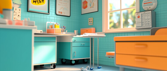 Bright and clean pediatric office with a small exam table, a bandage box, and a syringe tray-4