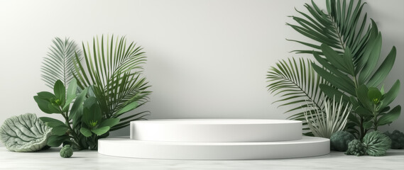 two-tiered white podium with lush green tropical foliage for product display
