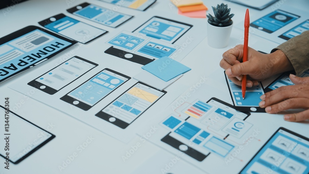 Poster a professional is actively designing a user interface wireframe with paper prototypes in a modern wo