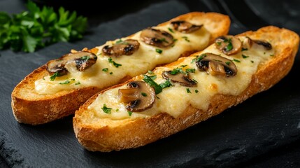 baked baguette crisps with cheese topping served on tray