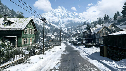 Fototapeta premium Snowy Village Scene In A Mountainous Region