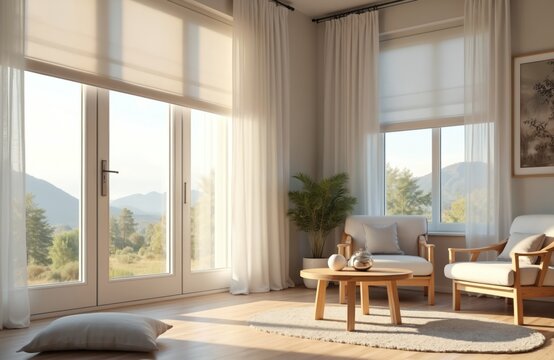 Fototapeta Bright home interior with large windows, roller blinds, white courtains. Modern apartment design, sunlight, comfortable armchairs, wooden table. Scenery outside window with mountain, trees, hills.