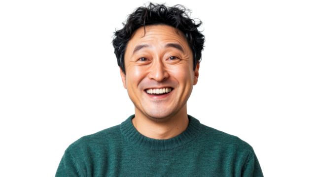 Curly haired smiling man, transparent bg