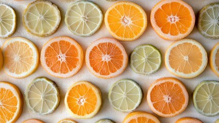 Frozen citrus slices: oranges, lemons, and limes in icy arrangement