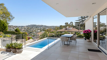 Fototapeta premium Luxurious Outdoor Pool And Terrace With City And Hillside Views On A Bright Sunny Day