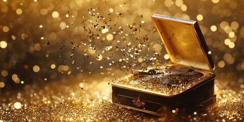 A golden box is releasing musical notes and particles