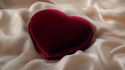 Fototapeta premium Heart-shaped velvet box on silk fabric; close-up