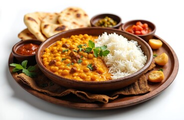 Daal fry dish served with rice and pastries on wooden plate. Tasty indian dish with herbs, spices. Traditional asian spicy vegan lunch, dinner with cooked cereal and baked bread.