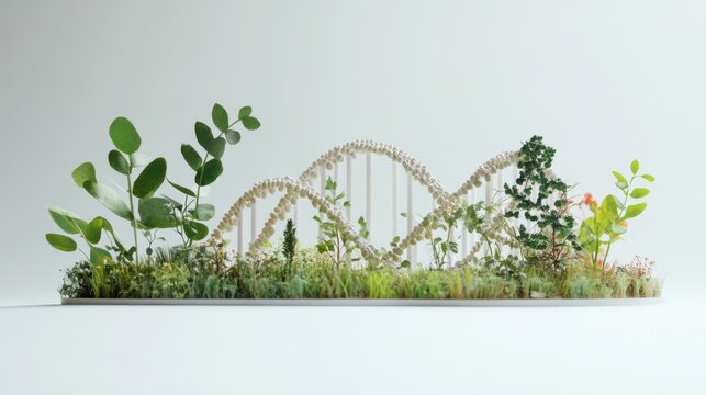 sciensific background with greenery and dna helix. biotechnology and food genetic, agriculture in laboratory concept