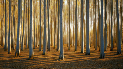 Sunlit Forest with Tall, Straight Trees, Their Trunks Rising Above the Ground, Creating a Tranquil Scene with Open Space Ideal for Copy or Banners