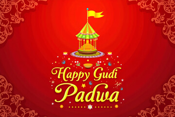 Vibrant Happy Gudi Padwa Greeting Card with Traditional Gudi Design
