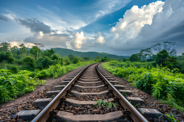 Fototapeta premium Embarking on a Serene Journey: A Scenic, Curving Railway Track Amidst Lush Greenery
