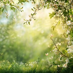 Obraz premium Serene Spring Background with Delicate Blossoms and Fresh Greenery