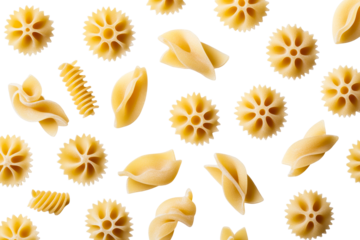 Raw pasta types on clear background