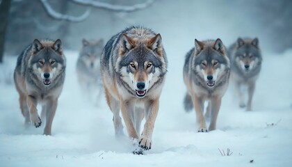Wolves Running in Winter Snow Landscape