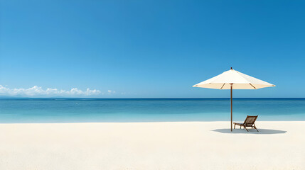 Empty Beach Scene Under White Umbrella On Sunny Day