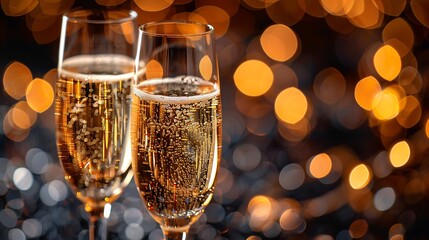Champagne glasses toasting midnight sparkling lights and open space for festive text