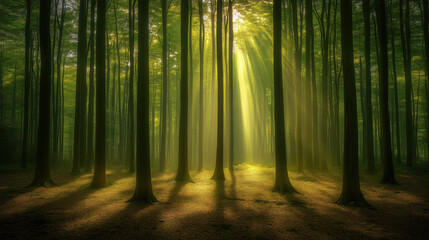 Obraz premium Sunlit Forest with Tall, Straight Trees, Their Trunks Rising Above the Ground, Creating a Tranquil Scene with Open Space Ideal for Copy or Banners