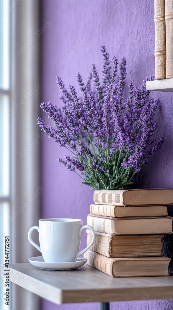 Poster a tranquil setting features a bouquet of lavender gracefully positioned above a stack of vintage boo
