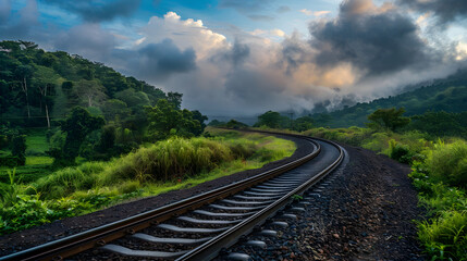 Obraz premium Embarking on a Serene Journey: A Scenic, Curving Railway Track Amidst Lush Greenery