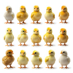 Naklejka premium A Collection of Adorable Yellow Chicks on a White Background