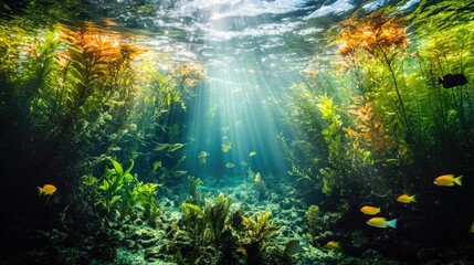 Fototapeta premium Underwater Scene with Sunlight, Coral Reefs, Marine Life, and Vibrant Underwater Flora in a Lush Ocean Environment