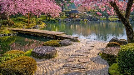 Fototapeta premium A peaceful Japanese Zen garden with perfectly raked sand patterns, large moss-covered stones, and a small wooden bridge over a koi pond. Cherry blossom trees gently shed pink petals into the water, cr