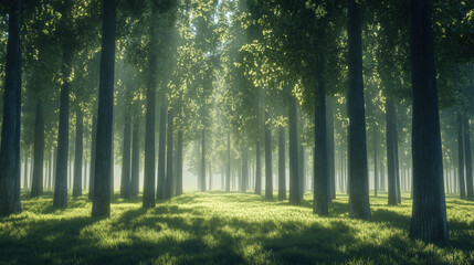 Obraz premium Sunlit Forest with Tall, Straight Trees, Their Trunks Rising Above the Ground, Creating a Tranquil Scene with Open Space Ideal for Copy or Banners