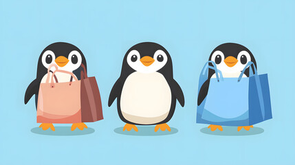 Adorable Cartoon Penguins with Shopping Cart in Blue Background for Commercial Use