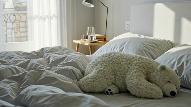 A cozy bedroom scene featuring a plush bear on rumpled bedding, bathed in soft morning light, creating a serene atmosphere.
