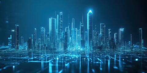 Fototapeta premium Illuminated futuristic city skyline constructed from advanced technological frameworks