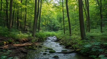 Obraz premium Tranquil Forest Stream Flowing Through Lush Greenery in a Sunlit Woodland Setting for Nature and Peaceful Ambiance