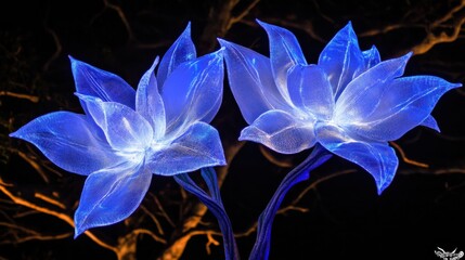 Ethereal Blue Blossom Display Illuminating Night Garden with Beautiful Petals