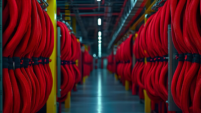 Red Data Cables Arranged In Parallel Lines Inside Server Room With Metallic Racks and Industrial Lighting