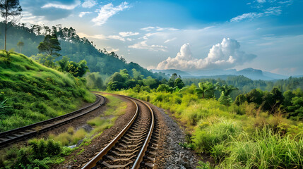 Embarking on a Serene Journey: A Scenic, Curving Railway Track Amidst Lush Greenery